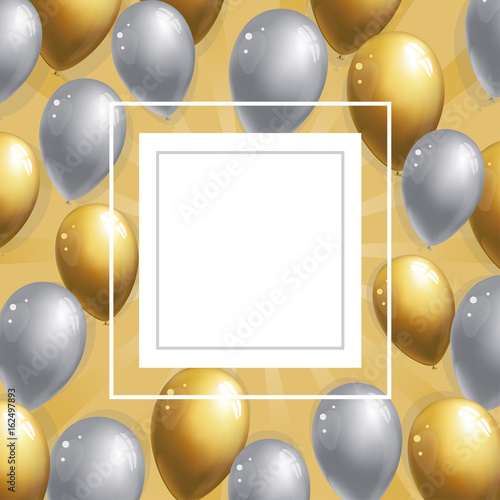 Silver and golden balloons background. Celebration party banner. Frame with balloons Place for your text. Vector illustration.