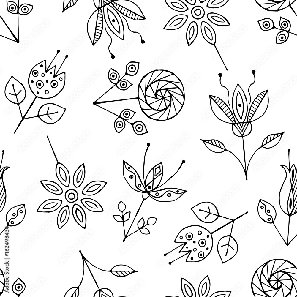 Vector hand drawn seamless pattern, decorative stylized black and white ...