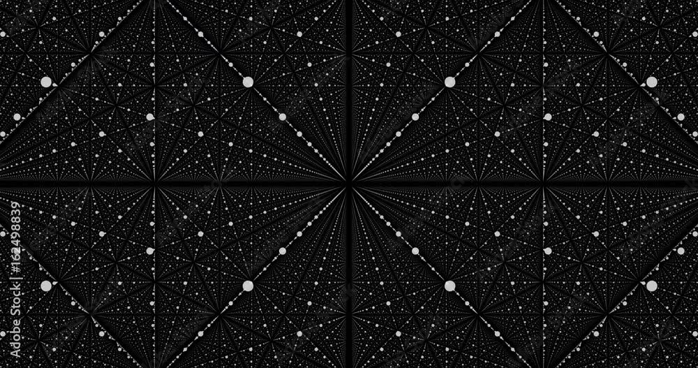 Moving through abstract fractal point matrix lattice. Fly into geometric point structure. 4k infinite space dynamic background. Abstract futuristic universe on dark background