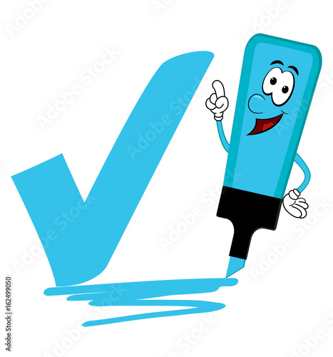 Blue cartoon highlighter pen with bold tick or check mark.