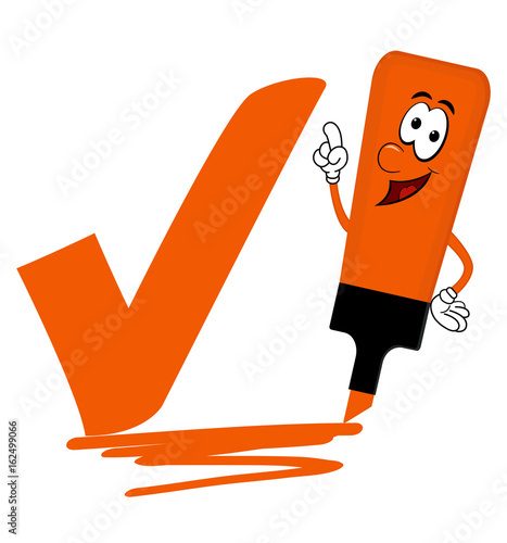 Orange cartoon highlighter pen with bold tick or check mark.