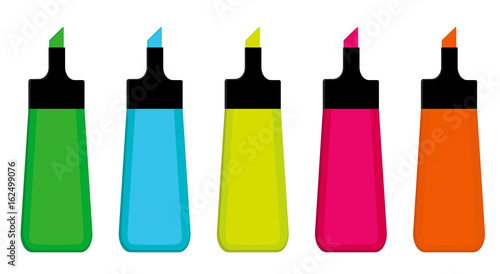 Colorful set of five highlighter pens: green; blue; yellow; pink; orange