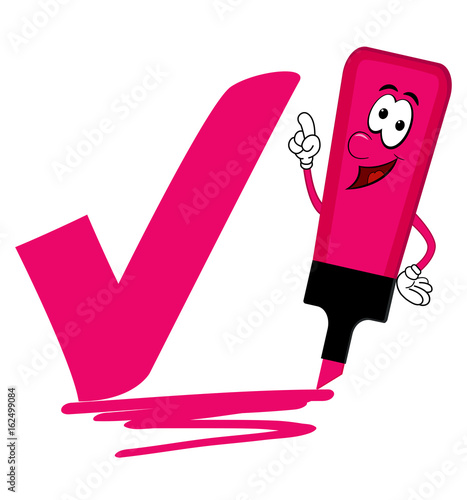 Pink cartoon highlighter pen with bold tick or check mark.