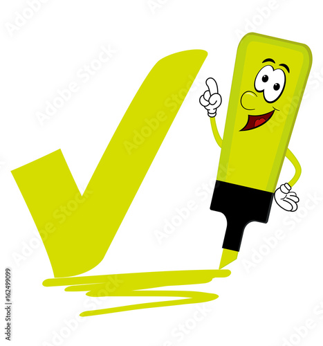 Yellow cartoon highlighter pen with bold tick or check mark.
