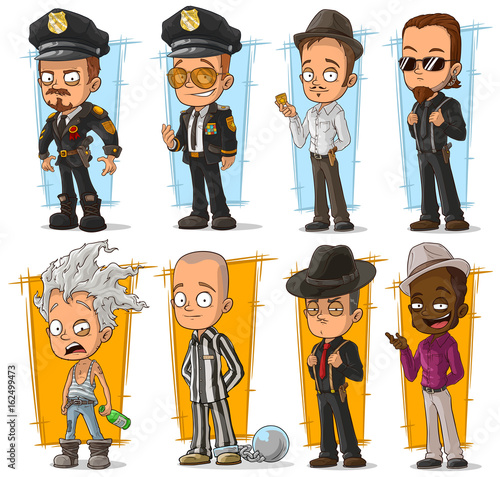 Cartoon cool policeman and gangsters character vector set