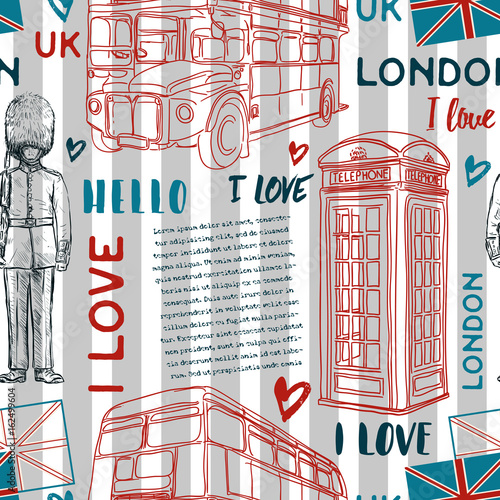 Seamless pattern with London landmark symbols on striped background. Vintage hand drawn vector illustration in sketch style.