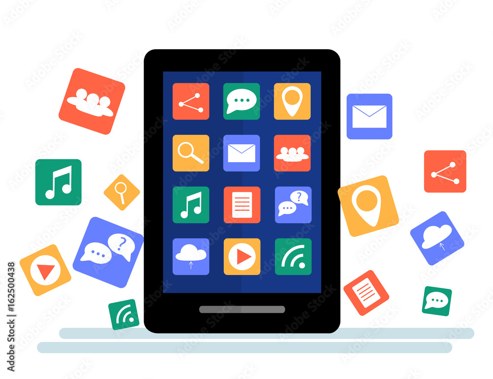 Black tablet with cloud of application icons and Apps icons flying around them, isolated on White background