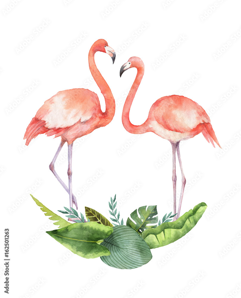 Obraz premium Watercolor card of tropical leaves and the pink Flamingo isolated on white background.