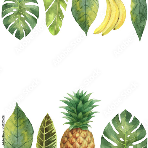 Watercolor banner tropical leaves, pineapple and banana isolated on white background.