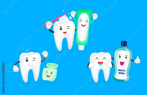 Set of cute cartoon tooth with friends, toothpaste, dental floss and mouthwash. Dental care concept. Illustration isolated on blue background.
