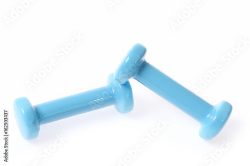 Pair of light blue lightweight barbells isolated on white