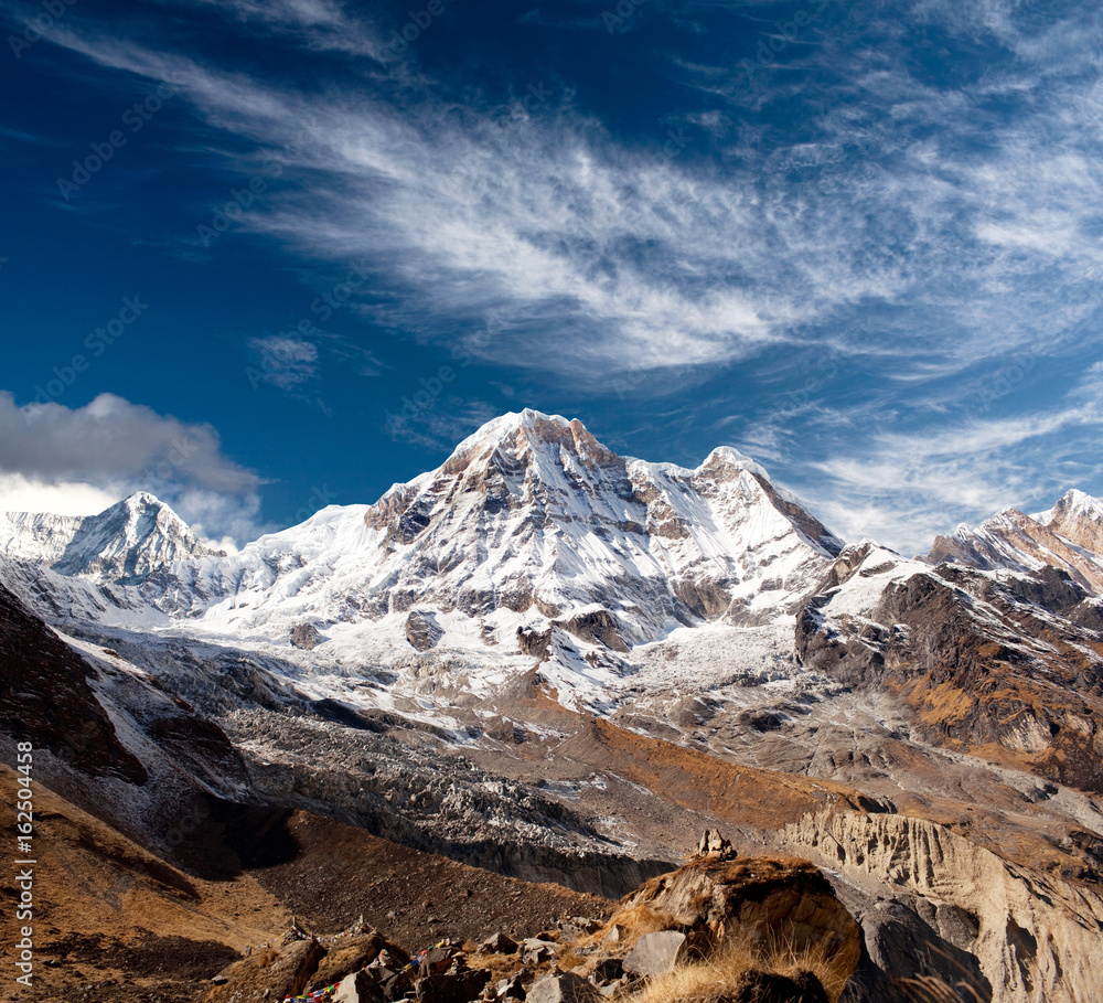 Panorama of Mount Annapurna - view from Annapurna base camp in the Nepal Himalaya