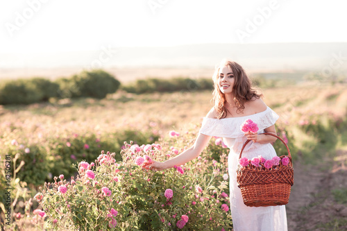 Smiling beautiful girl 24-29 year old wearing white dress holding basket with roses outdoors. Looking at camera. Rose field. 20s.