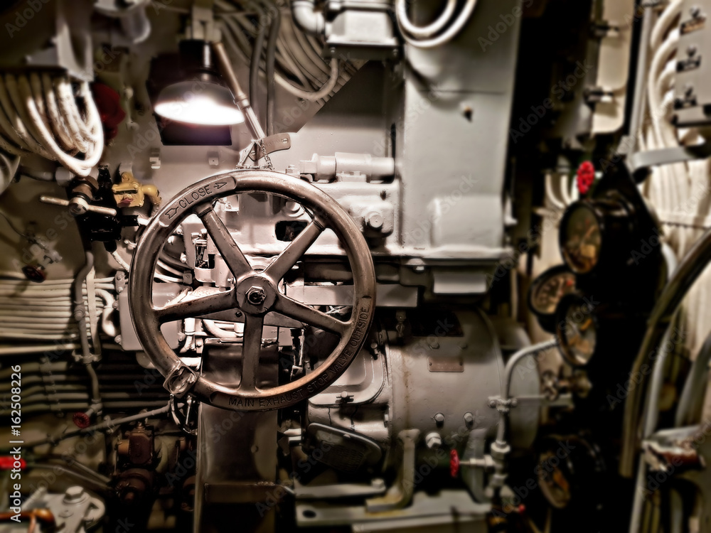 Old Ships valves, main engine, engineering interior of a submarine