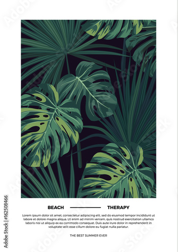 Dark summer vector tropical postcard design with green jungle palm leaves. Space for text.