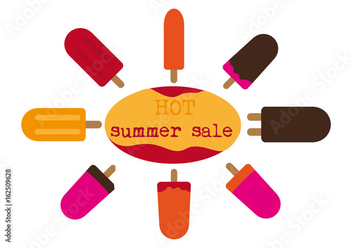 HOT Summer sale text, popsicles icons