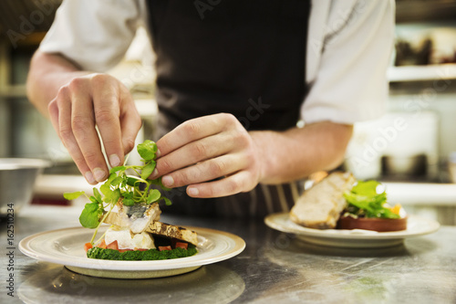 Close up of chef in kitchen adding salad garnish to a plate with grilled fish. photo