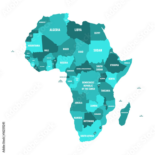 Political map of Africa in four shades of turquoise blue with white country name labels on white background. Vector illustration.