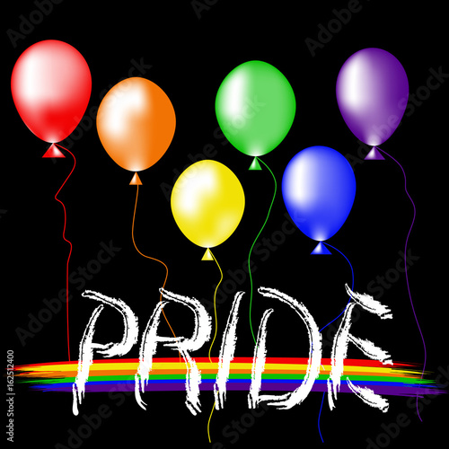Colored rainbow balls and handwritten text Pride.  Rainbow background LGBT  multicolored flag.  Original symbol for gay parade. Vector design