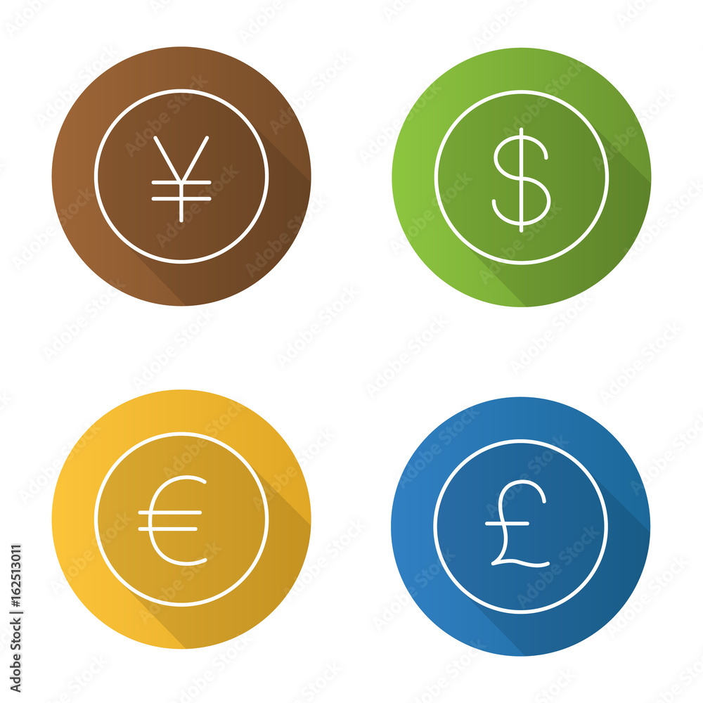 National currencies flat linear long shadow icons set National currencies flat linear long shadow icons set