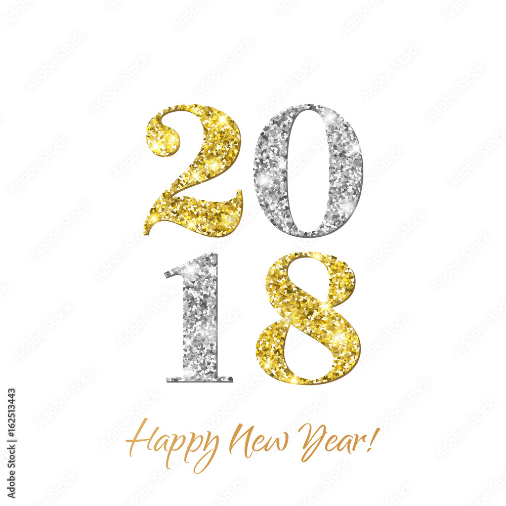 2018 Happy New Year with gold and silver glitter texture effect