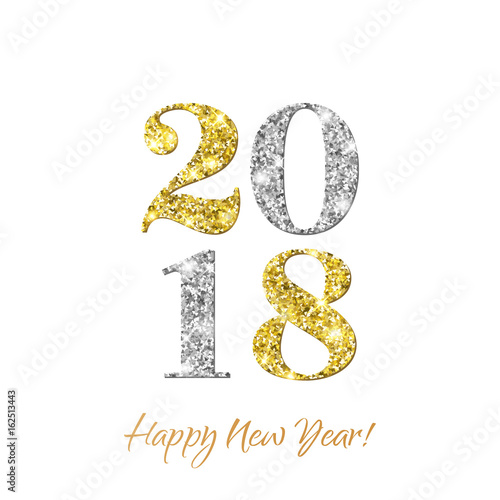 2018 Happy New Year with gold and silver glitter texture effect