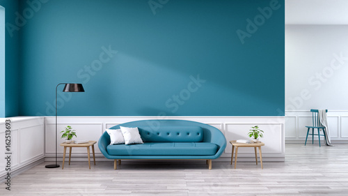 Minimalist interior of living room, blue sofa with wood table and black lamp on wood flooring and deep sky blue wall  ,3d rendering