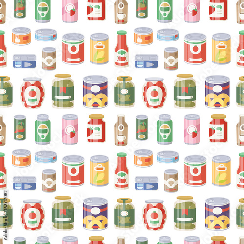 Collection of various tins canned goods food metal container product seamless pattern vector illustration.
