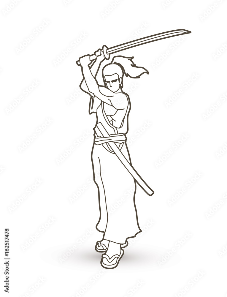 Samurai standing with sword katana, Ready to fight outline graphic vector