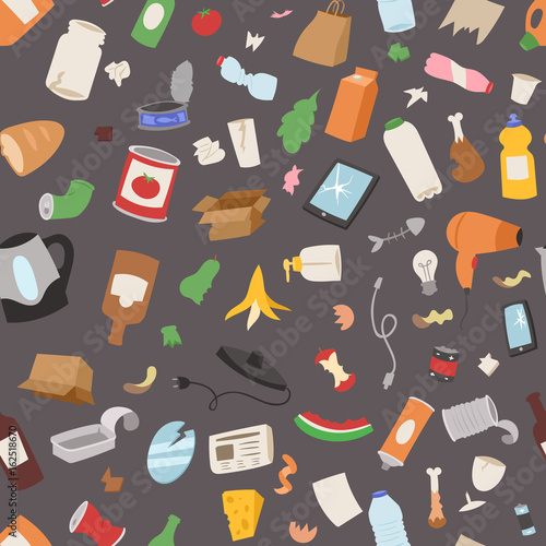 Recycling garbage trash bags can bottle recycling disposal box vector illustration seamless pattern background