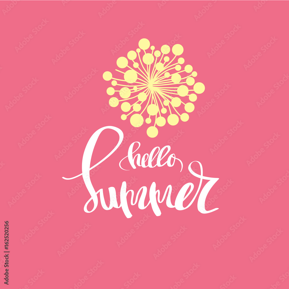 Hello summer brush typography on natural background with branches and flower
