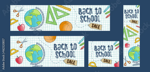 Back to school sale set of four web banners. Four different sizes, doodle cartoon style