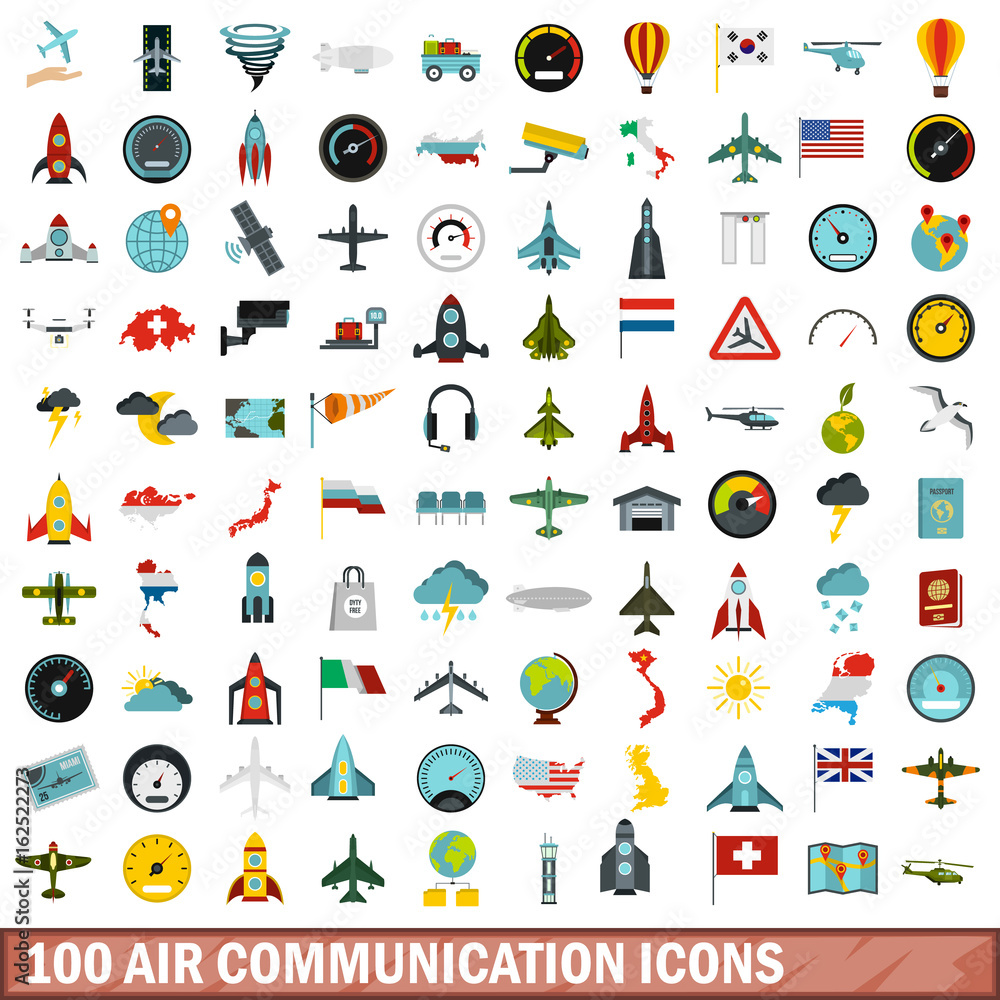 100 air communication icons set, flat style