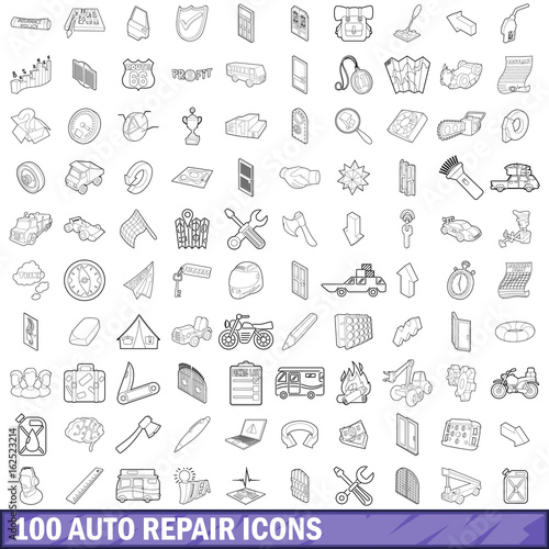 100 auto repair icons set, outline style