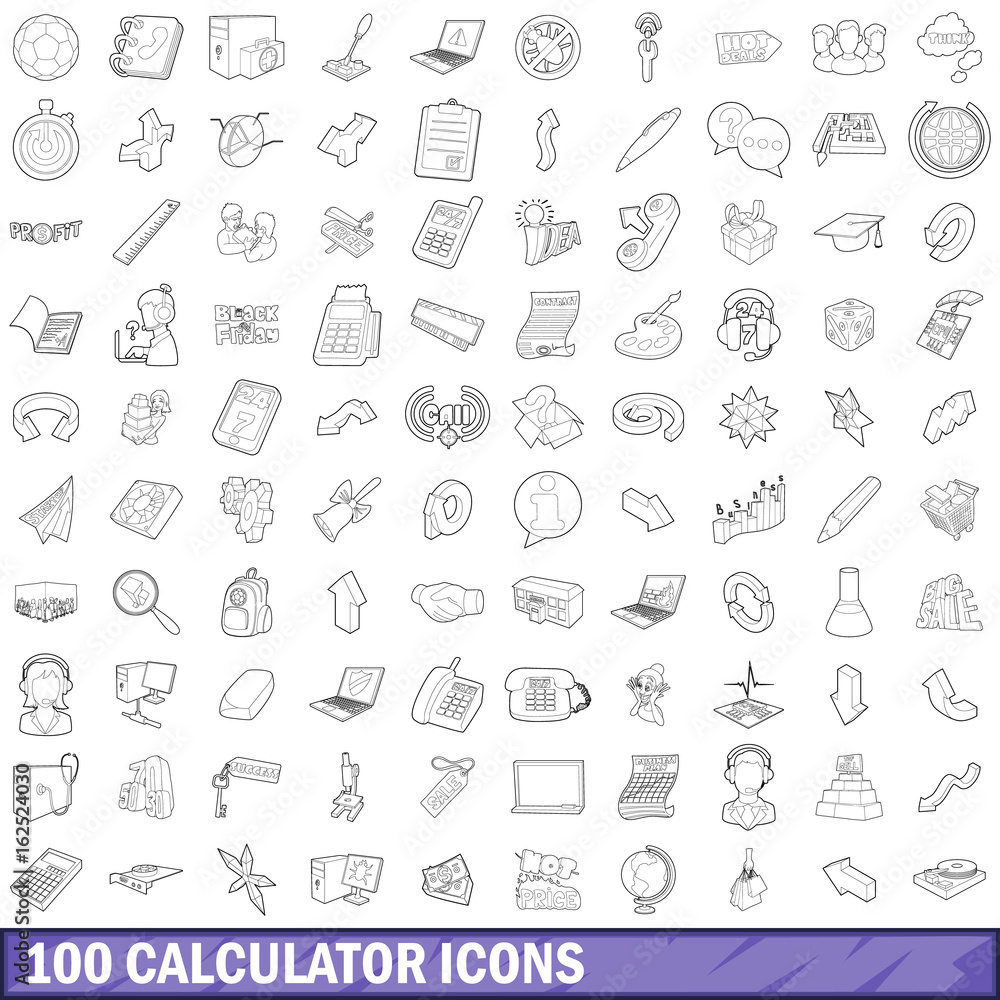 100 calculator icons set, outline style