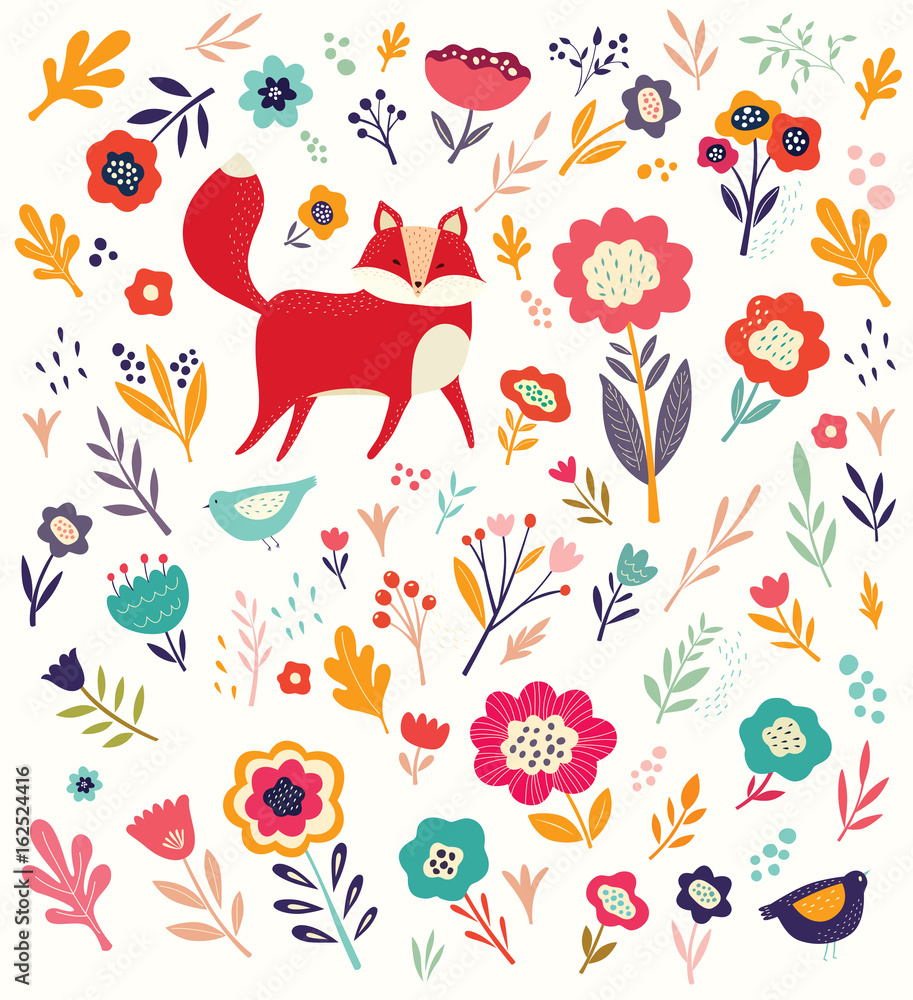 Fototapeta Pattern with cute fox with floral background