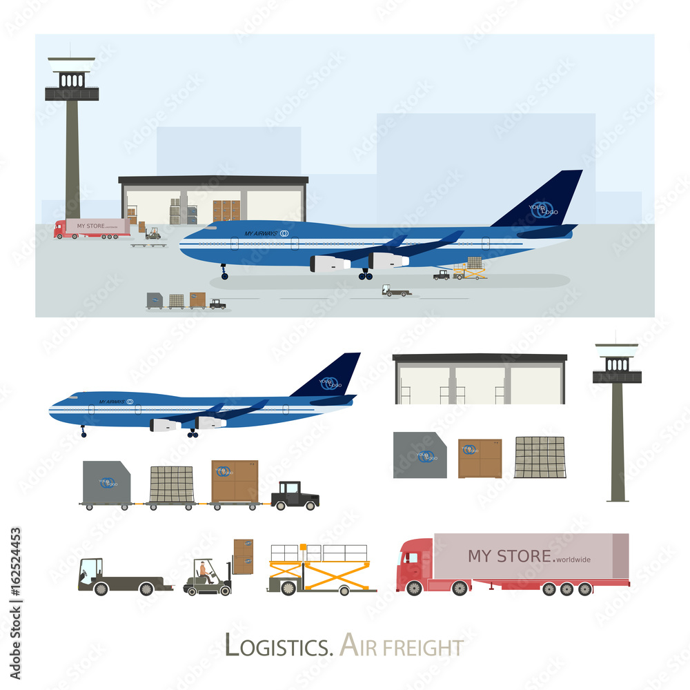Naklejka premium Logistics and Warehousing. Airport with air freighter and and some specialized vehicles for chartering.
