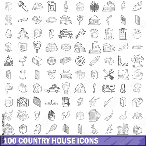 100 country house icons set, outline style