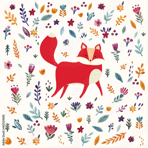 Pattern with cute fox with colorful floral background