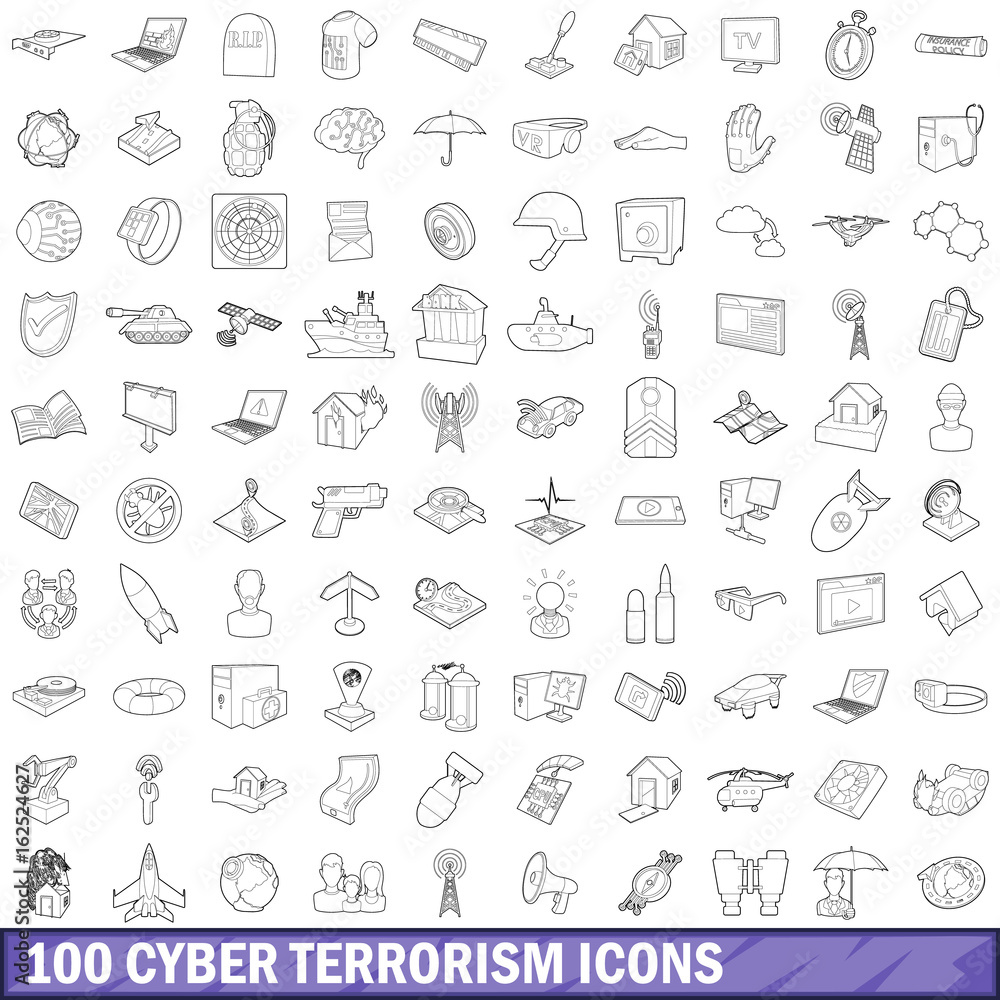 100 cyber terrorism icons set, outline style