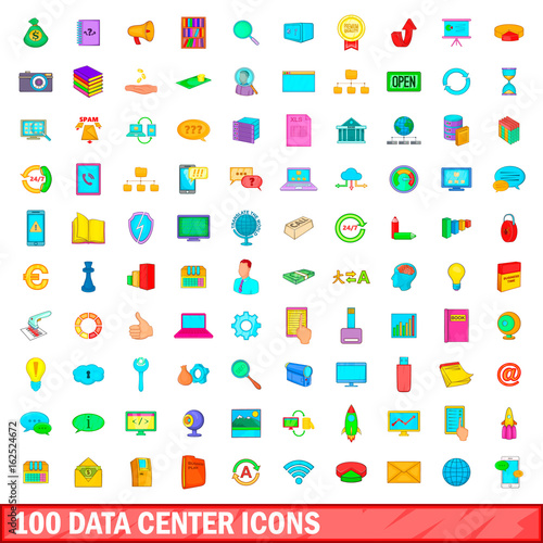 100 data center icons set, cartoon style