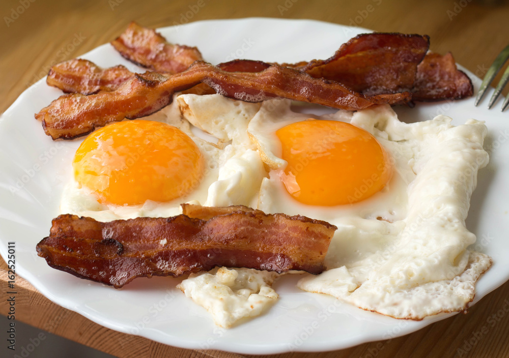 Bacon and eggs. Breakfast. Country style fried eggs with pork ham