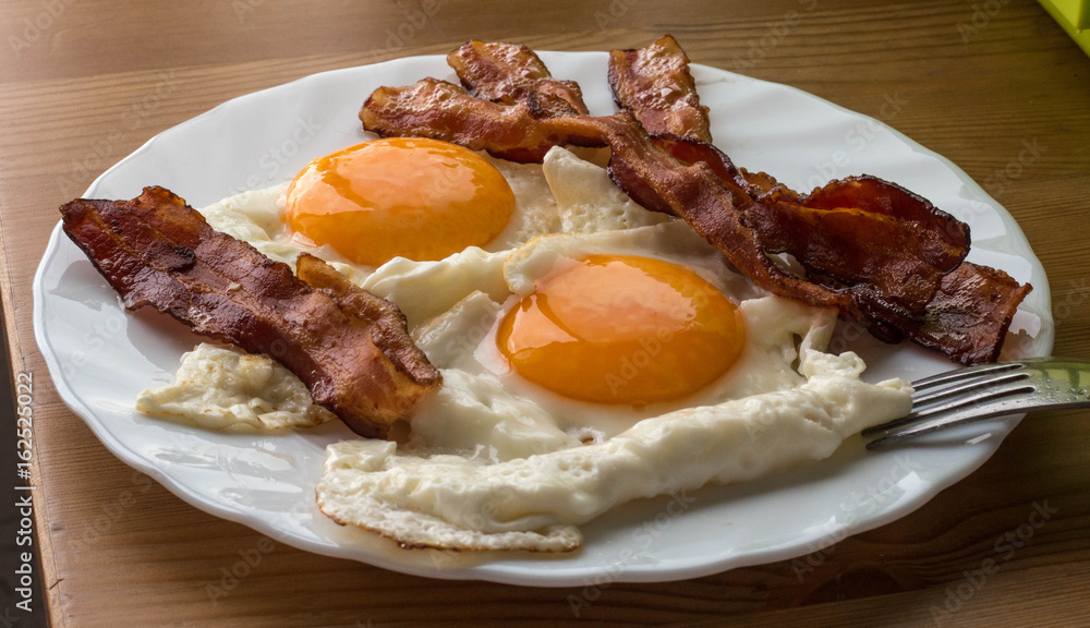 Bacon and eggs. Breakfast. Country style fried eggs with pork ham Bacon and eggs. Breakfast. Country style fried eggs with pork ham