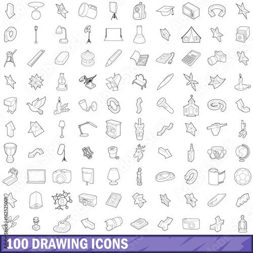 100 drawing icons set, outline style