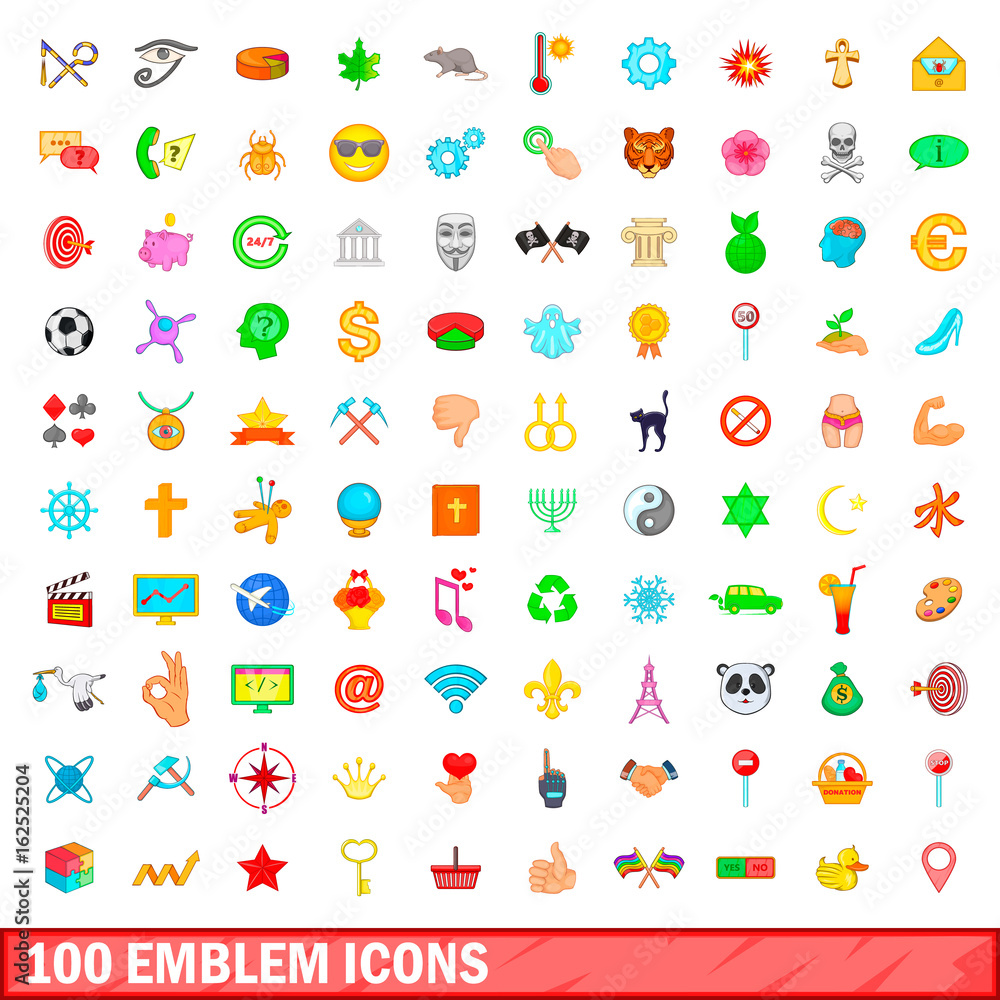 100 emblem icons set, cartoon style 100 emblem icons set, cartoon style
