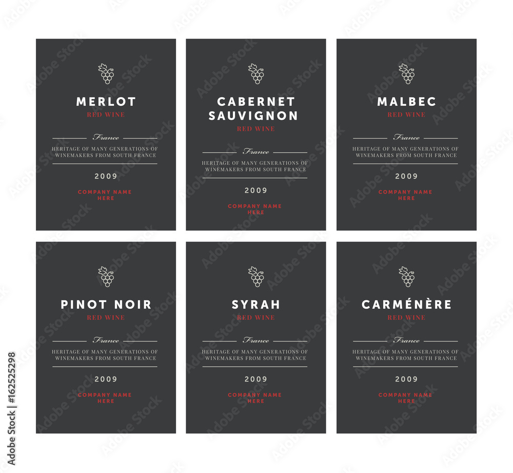 Red wine labels. Vector premium template set. Clean and modern design. Pinot Noir, Malbec, Cabernet Sauvignon, Merlot, Syrah, Carmenere. Red wine labels. Vector premium template set. Clean and modern design. Pinot Noir, Malbec, Cabernet Sauvignon, Merlot, Syrah, Carmenere.