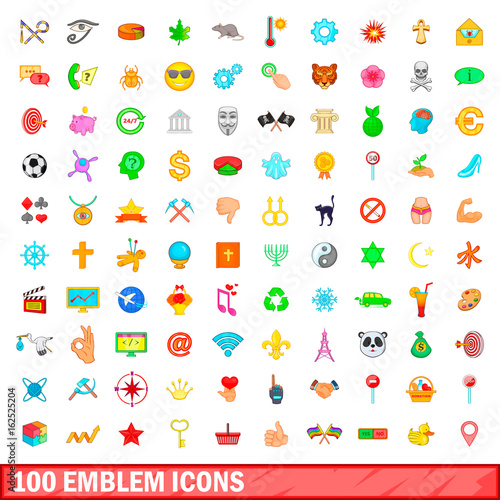 100 emblem icons set, cartoon style