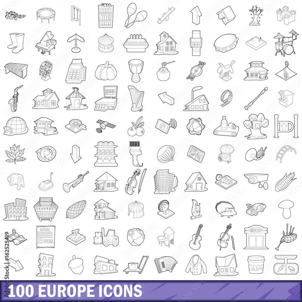 100 europe icons set, outline style