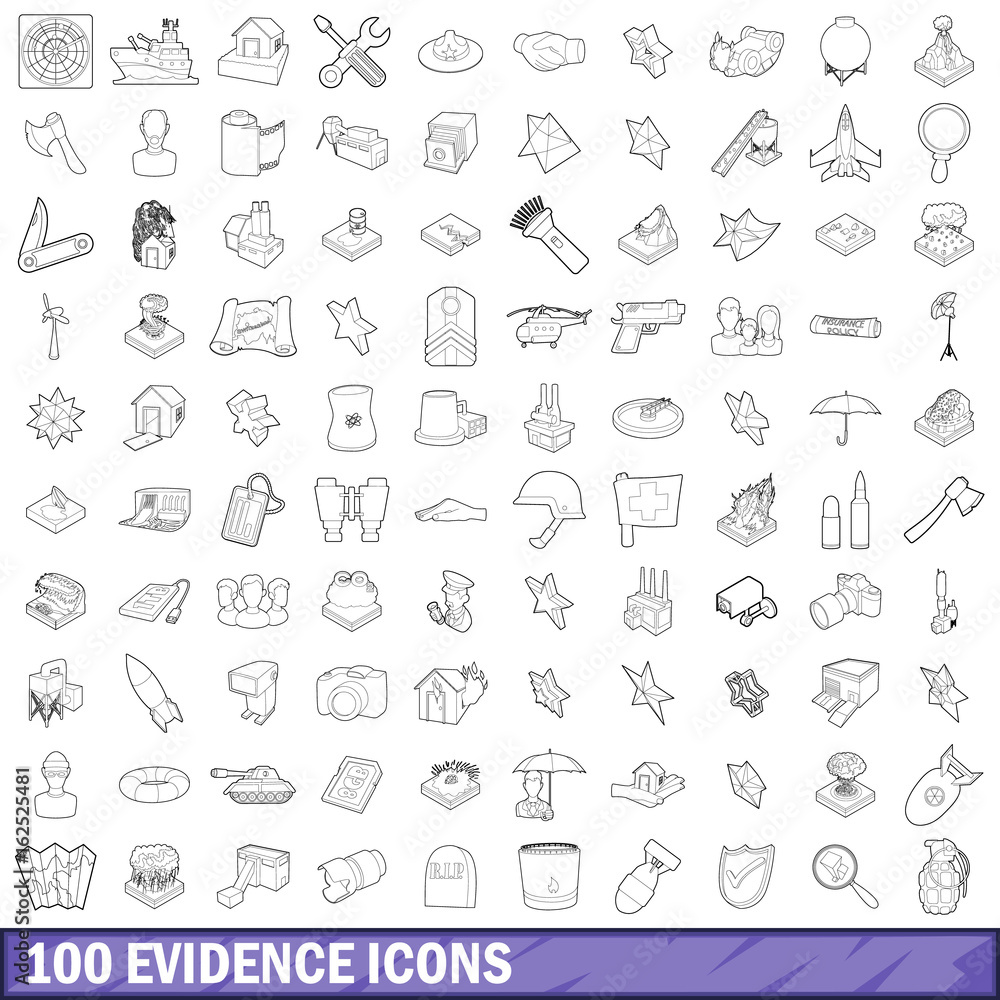100 evidence icons set, outline style 100 evidence icons set, outline style