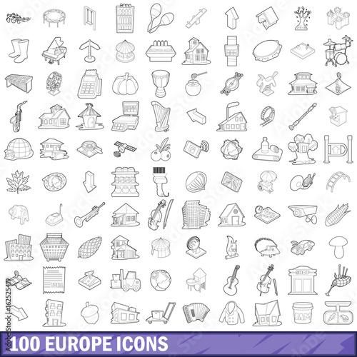 100 europe icons set  outline style